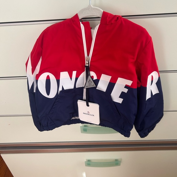 Moncler toddler boys Kruth Giubbotto hooded jacket in red/blue sz 3A - Picture 1 of 9